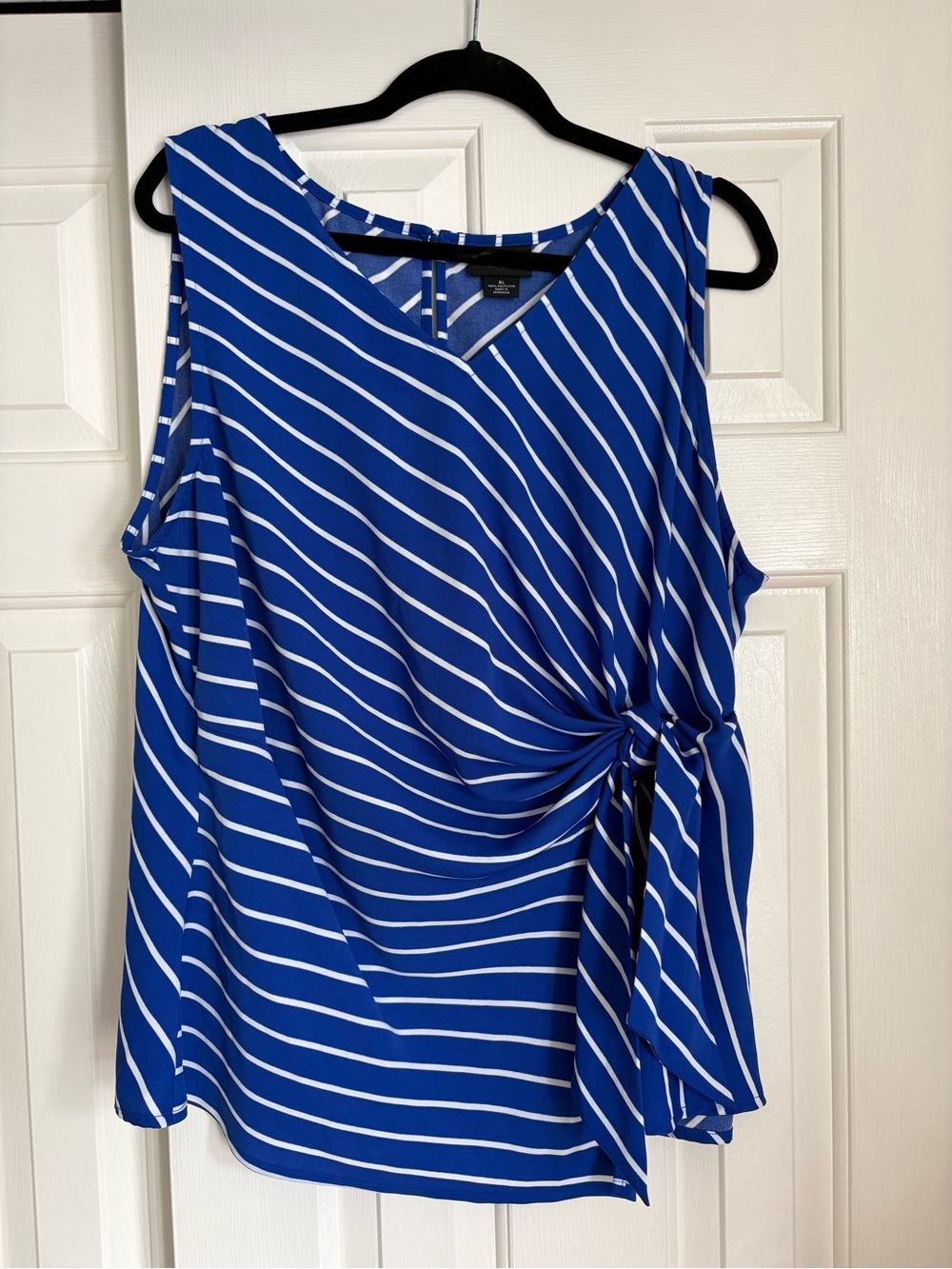 Liz Claiborne Royal Blue and White Striped Side-Tie Sleeveless Blouse
